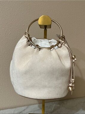 a new day Cream Suede Mini Bucket Bag with Gold Ring Handle